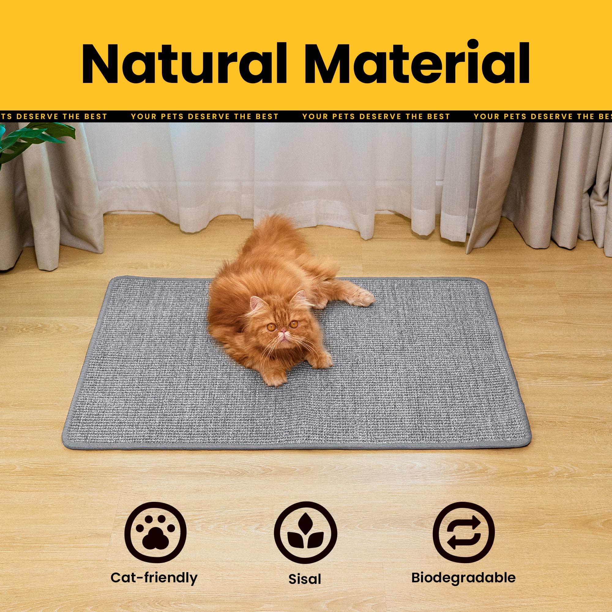 Conlun Cat Scratcher Mat,Natural Sisal Cat Scratch Pad With Hook&Loop Tape,Horizontal Floor Kitty Scratching Pads Rug For Indoor